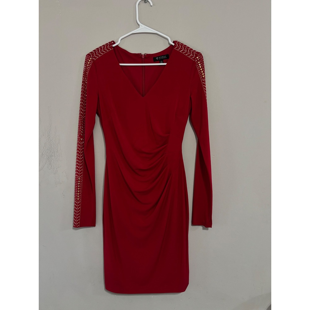 Guess Red Long Sleeve Studded Ruched Bodycon V-Neck Sheath Dress Size 2